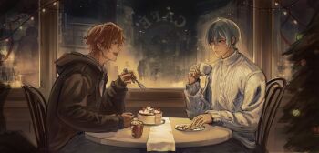Rule 34 | 2boys, adair (juicelooped), aoyagi touya, aran sweater, black jacket, cable knit, cafe, cake, christmas tree, commentary, cup, food, fork, highres, holding, holding cup, holding fork, jacket, long sleeves, looking at another, male focus, multicolored hair, multiple boys, open mouth, project sekai, shinonome akito, shirt, sitting, sweater, symbol-only commentary, teeth, turtleneck, turtleneck sweater, white shirt, window