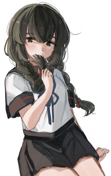 1girl black_eyes black_hair black_sailor_collar black_skirt blue_neckerchief braid commentary hair_between_eyes hair_ribbon highres holding holding_own_hair isonami_(kancolle) isonami_kai_ni_(kancolle) kantai_collection kaomoji_(sagor00237) long_hair looking_at_viewer neckerchief pleated_skirt red_ribbon ribbon sailor_collar simple_background sitting skirt solo twin_braids