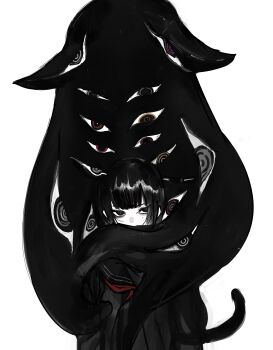 Rule 34 | 1girl, absurdres, black eyes, black hair, black sailor collar, black serafuku, chuhaibane, commentary request, covered mouth, highres, looking at viewer, mole, mole under eye, monster, neckerchief, original, pale skin, red neckerchief, sailor collar, school uniform, serafuku, short hair, simple background, solo, too many eyes, upper body, white background