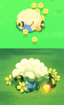 applecharmstarhorse-acsh blue_fur closed_eyes derivative_work flower gen_2_pokemon glowing highres mareep nintendo no_humans on_grass pokemon pokemon_(creature) pokemon_sleep screencap screenshot_redraw sheep sleeping wool