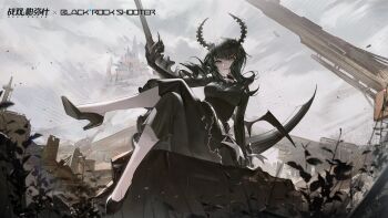 Rule 34 | 1girl, artist collaboration, artist request, bat wings, black dress, black hair, black rock shooter, castle, claws, crossed legs, dead master, dress, green eyes, hair ornament, hairclip, high heels, highres, horns, jewelry, looking at viewer, mechanical arms, neck ribbon, official art, plant, punishing: gray raven, ribbon, scythe, sitting, smile, wings, xtears kitsune