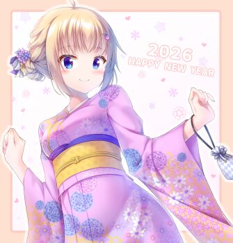 1girl 2026 ahoge alternate_hairstyle blonde_hair blue_bag blue_eyes blue_flower blush breasts checkered_pouch closed_mouth commentary cowboy_shot dot_nose english_text floral_print floral_print_kimono flower furisode getsuyoshi hair_bun hair_flower hair_ornament hair_up hands_up happy_new_year highres honeycomb_(pattern) hydrangea itsumura_haruka japanese_clothes kimono kinchaku looking_at_viewer medium_breasts new_year pouch print_kimono print_sash purple_flower purple_kimono re:stage! sash short_hair sidelocks single_hair_bun smile solo tight_clothes underbust wide_sleeves yellow_sash