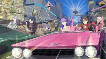 2boys 5girls absurdres all_fours archer_(fate) artoria_pendragon_(fate) bandaged_hand bandages bench bicycle biker_clothes bikesuit blade_(honkai:_star_rail) blonde_hair bodysuit brown_hair car car_seat closed_eyes closed_mouth coat commentary_request crossover cu_chulainn_(fate) cu_chulainn_(lancer)_(fate) dark-skinned_male dark_skin dress driving eyewear_on_head fate/stay_night fate/unlimited_blade_works fate_(series) firefly_(honkai:_star_rail) firefly_(spring_missive)_(honkai:_star_rail) fisheye floating_hair gloves grey_hair hair_over_one_eye hairband highres honkai:_star_rail honkai_(series) humanoid_robot in-universe_location long_hair long_sleeves looking_at_another low_ponytail matou_sakura matou_sakura_(fate/extra) medusa_(fate) midair motor_vehicle multiple_boys multiple_girls official_alternate_costume on_bench open_mouth pink_hair ponytail purple_hair riding riding_bicycle robin_(honkai:_star_rail) robot running saber_(fate) saber_(honkai:_star_rail)_(fate) seatbelt short_hair silver_wolf_(honkai:_star_rail) single_glove sitting stage_lights steering_wheel stellaron_hunters_(honkai:_star_rail) sunglasses svarog_(honkai:_star_rail) sweater syatey tohsaka_rin very_long_hair