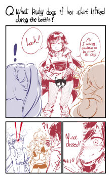 ! !? 3girls ^_^ absurdres blood blush cellphone censored closed_eyes clothes_lift comic cowboy_shot embarrassed english_text engrish_text hair_between_eyes highres long_hair monochrome multiple_girls multiple_monochrome ndgd no_panties nosebleed novelty_censor pantyhose phone ranguage ruby_rose rwby short_hair short_shorts shorts side_ponytail simple_background skirt skirt_lift smartphone speech_bubble standing tears thumbs_up weiss_schnee yang_xiao_long zwei_(rwby)