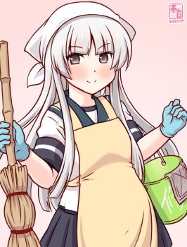 Rule 34 | 1girl, bandana, blue gloves, blue sailor collar, blue skirt, broom, bucket, gloves, gradient background, grey eyes, kanon (kurogane knights), kantai collection, one-hour drawing challenge, pink background, pleated skirt, repair bucket, rubber gloves, sailor collar, sailor shirt, school uniform, serafuku, shirakumo (kancolle), shirt, skirt, solo, white bandana, white hair