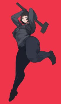 1girl absurdres black_bodysuit black_eyes black_hair bodysuit breasts curvy gya_rb hammer highres medium_breasts medium_hair navel red_background simple_background sledgehammer the_finals