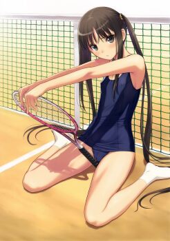00s 1girl absurdres bare_shoulders brown_eyes brown_hair cameltoe covered_erect_nipples fault!! female_focus flat_chest highres legs long_hair long_legs looking_at_viewer one-piece_swimsuit parted_lips racket scan school_swimsuit sidelocks sitting skindentation socks solo sugiyama_mio swimsuit tennis_net tennis_racket thighs tony_taka twintails very_long_hair wariza white_socks