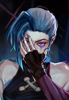 arcane:_league_of_legends arcane_jinx artist_name asymmetrical_hair bare_shoulders black_gloves black_shirt blue_hair blue_nails btb_sb covering_own_face crying crying_with_eyes_open fingerless_gloves gloves halterneck hand_up highres jinx_(league_of_legends) league_of_legends looking_ahead looking_at_viewer makeup pink_eyes pink_nails runny_makeup shirt simple_background tattoo tears upper_body