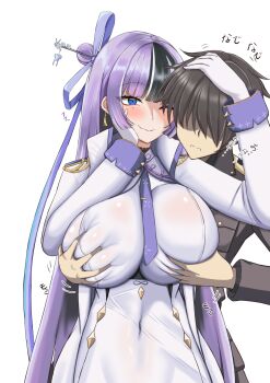 1boy 1girl absurdres artist_request black_hair blue_eyes blush breasts commander_(nikke) deep_skin dress gloves goddess_of_victory:_nikke grabbing_another's_breast groping hair_ornament hair_over_eyes hairpin highres huge_breasts jien_(nikke) long_hair mole mole_under_eye multicolored_hair purple_hair short_dress short_hair skin_tight smile uniform very_long_hair
