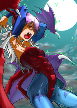 1girl abs animal_print armpits arms_up bat_(animal) bat_print bat_wings blue_pantyhose breasts bridal_gauntlets clothing_cutout cloud covered_abs darkstalkers demon_girl demon_wings detached_sleeves diamond_cutout fangs from_side full_moon head_wings highleg highleg_leotard highres hip_bones leotard lilith_(darkstalkers) low_wings minokichi_(arufooto25) moon night open_mouth oversized_wings pantyhose print_pantyhose purple_hair red_eyes red_leotard ribs short_hair sky small_breasts solo teeth toned tongue tongue_out wings