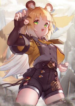 Rule 34 | 1girl, :3, :d, akuma (st.takuma), animal ear fluff, animal ears, black shorts, blonde hair, claw pose, commentary, cowboy shot, cropped jacket, elbow gloves, fang, fingerless gloves, gloves, green eyes, hand up, highres, jacket, ju fufu, looking at viewer, multicolored hair, open mouth, shirt, short sleeves, shorts, smile, solo, tail, thigh strap, tiger ears, tiger girl, tiger tail, two-tone hair, white hair, white shirt, yellow jacket, zenless zone zero