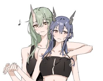 2girls arknights black_tank_top black_tube_top blue_hair blush ch&#039;en_(arknights) closed_mouth commentary_request dragon_horns grabbing_another&#039;s_breast grabbing_from_behind green_hair groping highres hill_chuchu holding_hands horns hoshiguma_(arknights) long_hair multiple_girls pink_eyes scar scar_on_face simple_background single_horn strapless sweat tank_top tube_top upper_body white_background yellow_eyes yuri