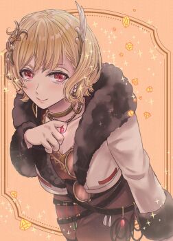 1girl blonde_hair breasts brown_dress citrinne_(fire_emblem) cleavage dress earrings fire_emblem fire_emblem_engage gold_choker gold_trim hair_ornament highres hoop_earrings jewelry medium_breasts nekoyashiki_08 nintendo red_eyes solo wing_hair_ornament