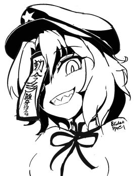 1girl artist_name brodall_pixel commentary_request greyscale grin hat hat_ornament high_contrast highres jiangshi miyako_yoshika monochrome neck_ribbon newsboy_cap ofuda ofuda_over_one_eye ribbon sharp_teeth shirt short_hair simple_background smile solo star_(symbol) star_hat_ornament teeth touhou upper_body
