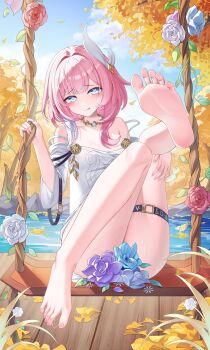 1girl absurdres barefoot blue_eyes blush cyrene_(honkai:_star_rail) feet flower foot_up heart heart-shaped_pupils highres honkai:_star_rail honkai_(series) jndfh licking_lips long_hair looking_at_viewer pink_hair soles strap_slip swing symbol-shaped_pupils toes tongue tongue_out