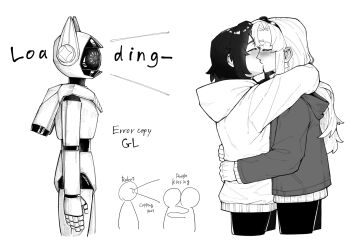 2girls blush commentary english_text from_side gmeg011 greyscale highres hood hood_down hoodie hug kiss koishikawa_iko loading_icon long_sleeves momijiyama_teru monochrome multiple_girls pants profile robot shy_(series) standing symbol-only_commentary yuri