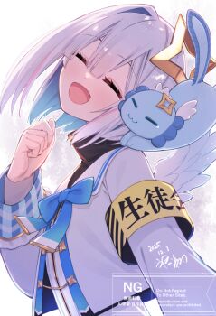 Rule 34 | 1girl, amane kanata, amane kanata (1st costume), angel wings, aqua hair, aqua wings, blue bow, blue bowtie, blue trim, blush, bob cut, bow, bowtie, closed eyes, colored inner hair, commentary request, facing viewer, feathered wings, gradient wings, halo, hikawa shou, hololive, long sleeves, mini wings, multicolored hair, multicolored wings, open mouth, pink hair, simple background, single hair intake, smile, star halo, upao (amane kanata), upper body, virtual youtuber, watermark, white background, white hair, white wings, wings, yellow halo