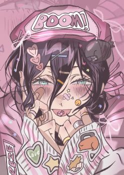 1girl aqua_eyes bandaid bandaid_on_face black_choker blush bomb_devil_(chainsaw_man) busuttt chainsaw_man character_name character_sticker choker commentary denji_(chainsaw_man) hair_between_eyes hair_bun hair_ornament hair_rings hairclip highres jacket looking_at_viewer medium_hair open_mouth pink_hair pink_jacket pochita_(chainsaw_man) purple_hair reze_(chainsaw_man) sleeves_past_wrists smile solo sticker sticker_on_face symbol-only_commentary updo upper_body