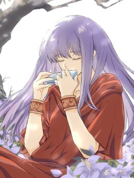 Rule 34 | 1girl, ancient ys vanished, bracelet, closed eyes, dress, flower, gotoco18, harmonica, highres, instrument, jewelry, long hair, music, playing instrument, purple hair, reah (ys), red dress, robe, short sleeves, solo, tree, white background, ys