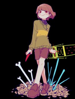 1other androgynous arrow_(projectile) black_background blunt_bangs blush_stickers bone brown_hair brown_shoes brown_shorts chara_(undertale) child full_body green_sweater heart_pendant highres holding holding_knife knife loafers looking_at_viewer other_focus red_eyes shards shoes short_hair shorts smile solo sweater tadeno undertale utdr_(toby_fox)