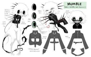1other back_spikes belt bite_mark black_collar black_eyes black_tail blood body_fur chain chained character_name collar commentary drooling english_commentary english_text green_eyes highres jejejunum latex latex_shirt looking_to_the_side mask monster_boy mouth_mask mumble_(jejejunum) muzzle_(mask) nervous nervous_sweating original other_focus rabies reference_sheet restrained sharp_teeth spikes sweat tears teeth white_fur