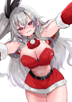 1girl absurdres alternate_costume blush breasts cleavage commentary_request elbow_gloves fur-trimmed_gloves fur-trimmed_skirt fur_trim gloves grey_hair highres hololive hololive_dev_is isaki_riona large_breasts looking_at_viewer lossko navel open_mouth red_eyes red_gloves red_skirt red_tube_top santa_costume sidelocks skirt solo strapless tube_top virtual_youtuber white_background