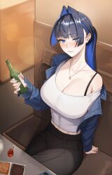 Rule 34 | 1girl, absurdres, adapted costume, beer bottle, black hair, blue eyes, blue hair, blunt bangs, booth seating, bottle, breasts, collarbone, colored inner hair, commentary request, denim, denim jacket, hair intakes, highres, holding, holding bottle, hololive, hololive english, indoors, jacket, jewelry, large breasts, long hair, looking at viewer, multicolored hair, necklace, off shoulder, official alternate costume, ouro kronii, ouro kronii (casual), parted lips, ponytail, shirt, sitting, smile, solo, virtual youtuber, white shirt, zenya