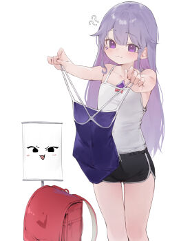1girl ? ?? absurdres backpack bag bare_shoulders camisole casual collarbone gem highres hololive hololive_english koseki_bijou long_hair purple_eyes purple_hair randoseru school_swimsuit simple_background solo swimsuit theflatfacadeds virtual_youtuber white_background