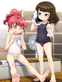 2girls :q absurdres after_bathing armpit_crease bare_arms bare_shoulders barefoot blue_camisole blue_eyes bottle breasts brown_hair camisole closed_mouth collarbone commentary_request covered_erect_nipples covered_navel drying drying_hair drying_own_hair electric_fan etokakaitari feet flat_chest floral_print floral_print_panties highres holding holding_bottle kurosu_aroma loli medium_hair milk_bottle multiple_girls panties pink_hair polka_dot polka_dot_panties ponytail pretty_series print_panties pripara purple_panties shiratama_mikan short_hair sitting small_breasts smile tongue tongue_out towel towel_around_neck underwear white_camisole yellow_eyes yellow_panties