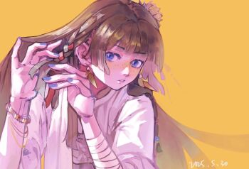 1girl bandaged_wrist bandages blue_eyes blunt_bangs bracelet braid braiding_hair dated earrings flower freckles hair_flower hair_ornament hairdressing highres jewelry kusuriya_no_hitorigoto long_hair maomao_(kusuriya_no_hitorigoto) olintsu7382 orange_background parted_lips robe side_braid solo straight_hair white_robe