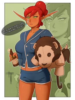 1girl artist_logo artist_name beer_bottle blue_pajamas blue_shirt blue_shorts bottle breasts cleavage collarbone colored_sclera colored_skin commentary earrings elf english_commentary english_text green_eyes green_sclera highres holding holding_bottle huge_breasts jewelry large_breasts lips logo long_hair orange_skin original pajamas partially_unbuttoned pointy_ears red_hair sablesketch shiny_skin shirt shorts solo speech_bubble stuffed_animal stuffed_toy vi_(sablesketch)