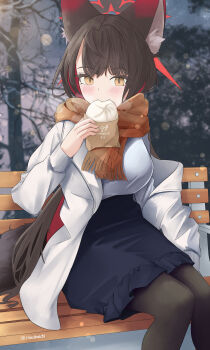 1girl absurdres alternate_costume animal_ear_fluff animal_ears bare_tree bench black_hair black_pantyhose blue_archive blue_skirt blurry blush bokeh breasts brown_scarf closed_mouth colored_inner_hair commentary_request depth_of_field eating enpera food fox_ears fox_girl fox_tail hair_between_eyes halo highres holding holding_food jacket large_breasts long_hair looking_at_viewer miichi mixed-language_commentary multicolored_hair open_clothes open_jacket outdoors pantyhose pencil_skirt red_hair red_halo scarf shirt sitting skirt smile snow solo steamed_bun tail tree twitter_username two-tone_hair wakamo_(blue_archive) white_jacket white_shirt winter yellow_eyes