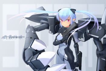 1girl blue_hair blush bodysuit breasts busou_shinki covered_navel dark-skinned_female dark_skin doll_joints ebi_(selinanyan) floating_hair grey_bodysuit gun handgun highres holding holding_gun holding_weapon joints long_hair looking_at_viewer mecha_musume mechanical_arms pointy_ears red_eyes small_breasts smile solo strarf twintails weapon