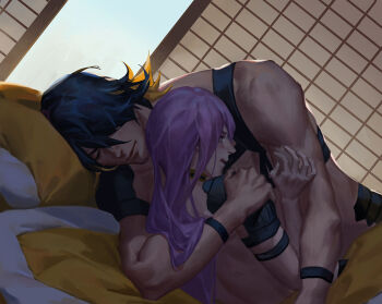 2boys black_hair closed_mouth commentary_request embarrassed hachisuka_kotetsu hair_over_one_eye hug long_hair lying male_focus multiple_boys muscular muscular_male nagasone_kotetsu ncww_rinichi on_side open_mouth pillow purple_hair short_hair sparse_stubble touken_ranbu very_long_hair yaoi