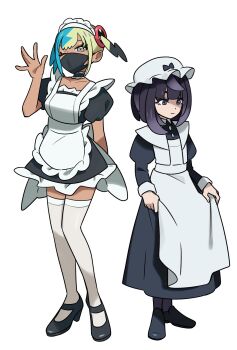 2girls alternate_costume apron aqua_hair arm_behind_back black_dress black_hair black_shoes blonde_hair blunt_bangs bob_cut canari_(pokemon) closed_mouth dark-skinned_female dark_skin dress eyelashes full_body gradient_hair gwynn_(pokemon) hat highres himurohiromu juliet_sleeves long_sleeves looking_at_viewer looking_down maid maid_apron maid_headdress mask mouth_mask multicolored_hair multiple_girls nintendo one_eye_closed pokemon pokemon_legends:_z-a puffy_short_sleeves puffy_sleeves purple_eyes purple_hair shoes short_sleeves skirt_hold split-color_hair standing thighhighs white_background white_hat white_thighhighs