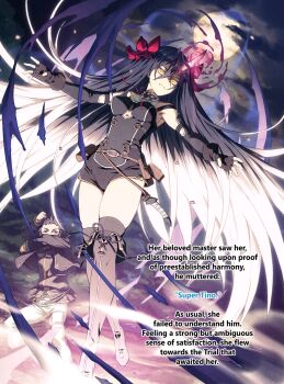 1boy 1girl armpits bag belt belt_bag belt_pouch black_boots black_detached_sleeves black_gloves black_hair black_jacket black_romper black_shirt black_shorts black_socks black_thighhighs boots bow breasts brown_bag brown_pouch brown_sash chyko closed_mouth cloud cloudy_sky collar collared_shirt detached_sleeves elbow_gloves english_text fingerless_gloves flying frilled_collar frilled_shirt frilled_shirt_collar frills gloves glowing glowing_eyes hair_bow hair_ribbon highres horns jacket knife krai_andrey legs long_hair looking_at_viewer medium_breasts moon moonlight multicolored_hair nageki_no_bourei_wa_intaishitai neckerchief night night_sky novel_illustration official_art outdoors pants pouch red_bow red_horns red_neckerchief red_ribbon ribbon romper sash sexually_suggestive shirt short_hair short_shorts shorts single_horn skin_tight sky socks thick_thighs thighhighs thighs tino_shade translated two-tone_hair undershirt very_long_hair white_hair white_pants white_shirt wide_hips yellow_eyes