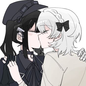 2girls bentou0617 black_hair black_hat choker closed_mouth hashtag-only_commentary hat highres incest kiss kurobe_nanoka kurobe_nanoka's_sister long_hair long_sleeves mahou_shoujo_no_majo_saiban multiple_girls siblings sisters twincest twins twintails white_background yuri