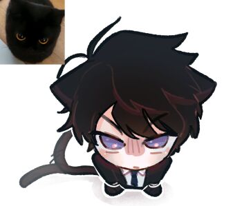 Rule 34 | 1boy, akinashi haru, animal ears, black hair, black jacket, black shoes, blue eyes, blue necktie, cat boy, cat ears, cat tail, collared shirt, commentary, english commentary, from above, gloom (expression), hair between eyes, jacket, kemonomimi mode, long sleeves, looking at viewer, male focus, necktie, open clothes, open jacket, photo-referenced, saihate eki, shadow, shirt, shoes, simple background, solo, suit jacket, tail, tosteurmori, white background, white shirt