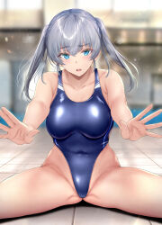 Rule 34 | 1girl, blue eyes, blue one-piece swimsuit, blurry, blurry background, blush, breasts, cleavage, collarbone, commentary request, competition swimsuit, covered navel, cowboy shot, gentsuki, gluteal fold, grey hair, groin, hair between eyes, highleg, highres, kimi omou koi, kuroe (kimi omou koi), looking at viewer, medium breasts, one-piece swimsuit, open mouth, photoshop (medium), poolside, simple background, sitting, sleeveless, solo, spread legs, swimsuit, teeth, tongue, twintails