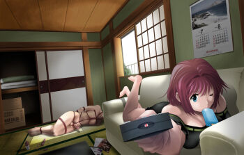 Rule 34 | 1boy, 1girl, barefoot, bdsm, blue eyes, bondage, bound, calendar, clothed female nude male, controller, couch, dildo, eating, erection, femdom, food, holding, legs up, light rays, looking at viewer, lube, lying, nude, on side, on stomach, original, penis, popsicle, red hair, remote control, rium (msize), sex toy, shibari, short hair, slave, sunbeam, sunlight, tatami, tied penis, vibrator, window, wink