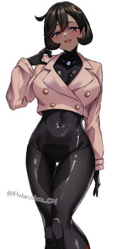 1girl black_hair blush bodysuit breasts dark-skinned_female dark_skin emma_(pokemon) gloves jacket large_breasts looking_at_viewer nintendo pokemon pokemon_legends:_z-a potassium_oh purple_eyes short_hair white_background wide_hips