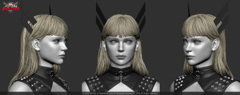 1girl 3d absurdres armor black_gloves black_shirt blonde_hair breasts cleavage cleavage_cutout clothing_cutout company_name copyright_logo copyright_notice gloves highres lips logo long_hair magik_(x-men) marvel marvel_future_revolution minsu_kim pauldrons shirt shoulder_armor solo spiked_pauldrons spikes upper_body weapon x-men