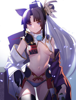 1girl armor asymmetrical_clothes asymmetrical_sleeves bare_shoulders black_gloves black_hat black_thighhighs blue_panties breast_curtains breasts closed_mouth cowboy_shot detached_sleeves fate/grand_order fate_(series) feather_hair_ornament feathers gloves hair_ornament hat highres holding holding_sheath japanese_armor katana kusazuri linea_alba long_hair long_sleeves looking_at_viewer medium_breasts mismatched_sleeves navel panties parted_bangs pauldrons pom_pom_(clothes) purple_eyes purple_sleeves revealing_clothes revision sheath sheathed shoulder_armor side_ponytail sidelocks siino simple_background single_glove single_pantsleg sode solo stomach sword tate_eboshi thighhighs underwear ushiwakamaru_(fate) ushiwakamaru_(second_ascension)_(fate) very_long_hair weapon white_background white_sleeves wide_sleeves