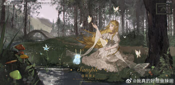 1girl akihare bare_shoulders blonde_hair bug butterfly chinese_commentary circlet closed_mouth cloud cloudy_sky commentary_request dress forest frilled_dress frills full_body gold_necklace grass green_eyes hand_on_lap highres insect jewelry kneeling long_dress long_hair mushroom nature necklace nintendo off-shoulder_dress off_shoulder outdoors outstretched_arm path pointy_ears princess_zelda puffy_short_sleeves puffy_sleeves ribbon-trimmed_dress ribbon_trim road sample_watermark shawl short_sleeves sky smile solo stream the_legend_of_zelda the_legend_of_zelda:_breath_of_the_wild very_long_hair watermark weibo_watermark weibo_watermark white_butterfly white_dress white_shawl white_sleeves