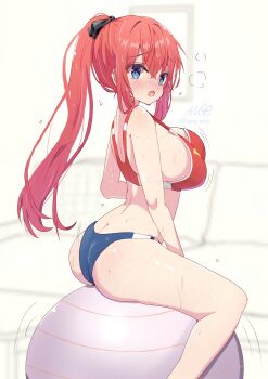 1girl :o arched_back ass ball bare_arms bare_shoulders blush bouncing_breasts breasts buruma butt_crack commentary_request crossed_bangs exercise_ball highres hot large_breasts long_hair looking_at_viewer noe_(noe_emk) open_mouth original ponytail red_hair red_sports_bra sidelocks sitting solo sports_bikini sports_bra sweat thighs track_and_field