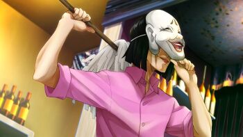 Rule 34 | 1boy, belt, belt buckle, black belt, black hair, blush (makeup), bob cut, boots, buckle, dutch angle, dynamic pose, game cg, grey pants, grin, highres, holding, holding mask, incoming attack, izumi kouhei (occultic;nine), leather belt, lipstick, makeup, mask, medium hair, motion blur, motion lines, occultic;nine, official art, open collar, pako (pakosun), pants, parted lips, pink boots, pink shirt, removing mask, science adventure, shirt, sleeves rolled up, smile, v-shaped eyebrows