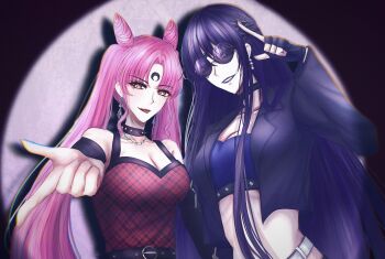 aged_up alternate_costume belt bishoujo_senshi_sailor_moon bishoujo_senshi_sailor_moon_r bishoujo_senshi_sailor_moon_s black_hair black_lady_(sailor_moon) blazer braid breasts chibi_usa cleavage collarbone cone_hair_bun crescent crescent_facial_mark crop_top crown_braid crystal_earrings double_bun dress earrings facial_mark fingerless_gloves forehead_mark gloves hair_bun highres jacket jewelry long_hair looking_at_viewer midriff mistress_9 navel pearl_earrings pink_hair purple_lips red_dress red_lips star_(symbol) tomoe_hotaru tongue tongue_out twintails very_long_hair wbr_komet white_belt