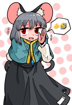 1girl absurdres animal_ear_fluff animal_ears blush capelet check_commentary commentary_request crossed_legs dress grey_capelet grey_hair hair_between_eyes hand_to_own_mouth highres jewelry kasuya_baian leaning_forward long_sleeves looking_at_viewer mouse_ears mouse_girl mouse_tail nazrin open_mouth pendant pointing pointing_at_viewer polka_dot polka_dot_background red_eyes shirt short_hair skirt skirt_cutout solo speech_bubble spoken_emoji standing tail touhou upper_body