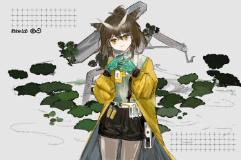 1girl absurdres arknights black_shorts brown_hair chinese_commentary coat commentary_request cowboy_shot gloves goggles green_gloves highres leaf lily_pad long_sleeves looking_at_viewer menthe official_alternate_costume open_clothes open_coat owl_ears owl_girl ponytail rhine_lab_logo safety_glasses short_hair shorts silence_(arknights) silence_(lacquer)_(arknights) simple_background solo vial water_lettuce white_background yellow_coat yellow_eyes