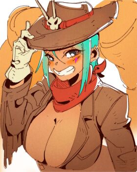 1girl alternate_costume blush breasts bubene cerebella_(skullgirls) cleavage cowboy_hat dark-skinned_female dark_skin gloves green_hair grin hat hat_tip jacket large_breasts leather leather_gloves leather_jacket looking_at_viewer scarf skullgirls smile solo upper_body vice-versa_(skullgirls)